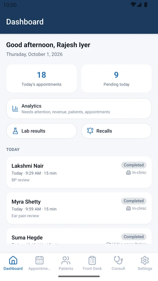 DoctorLync dashboard showing today's appointments